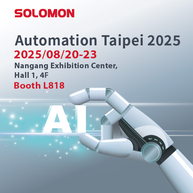 Promotional flyer for Solomon's presence at Automation Taipei 2025, showing event dates (August 20-23), venue (Nangang Exhibition Center Hall 1, 4F), and Booth L818, with a robotic hand holding the letters 'AI'.
