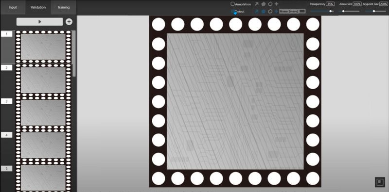 SolVision AI CMP Quality Inspection Interface SolVision AI software interface showing CMP wafer inspection workflow with annotation, training, and defect detection tools for semiconductor quality control.
