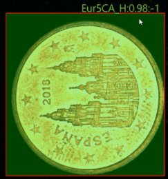 SolVision identifies a Spanish five-cent euro coin by analyzing its denomination pattern and visible surface characteristics.