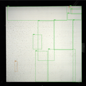SolVision AI identifies surface defects on a drywall panel using bounding boxes to highlight scratches and physical damage during automated inspection.