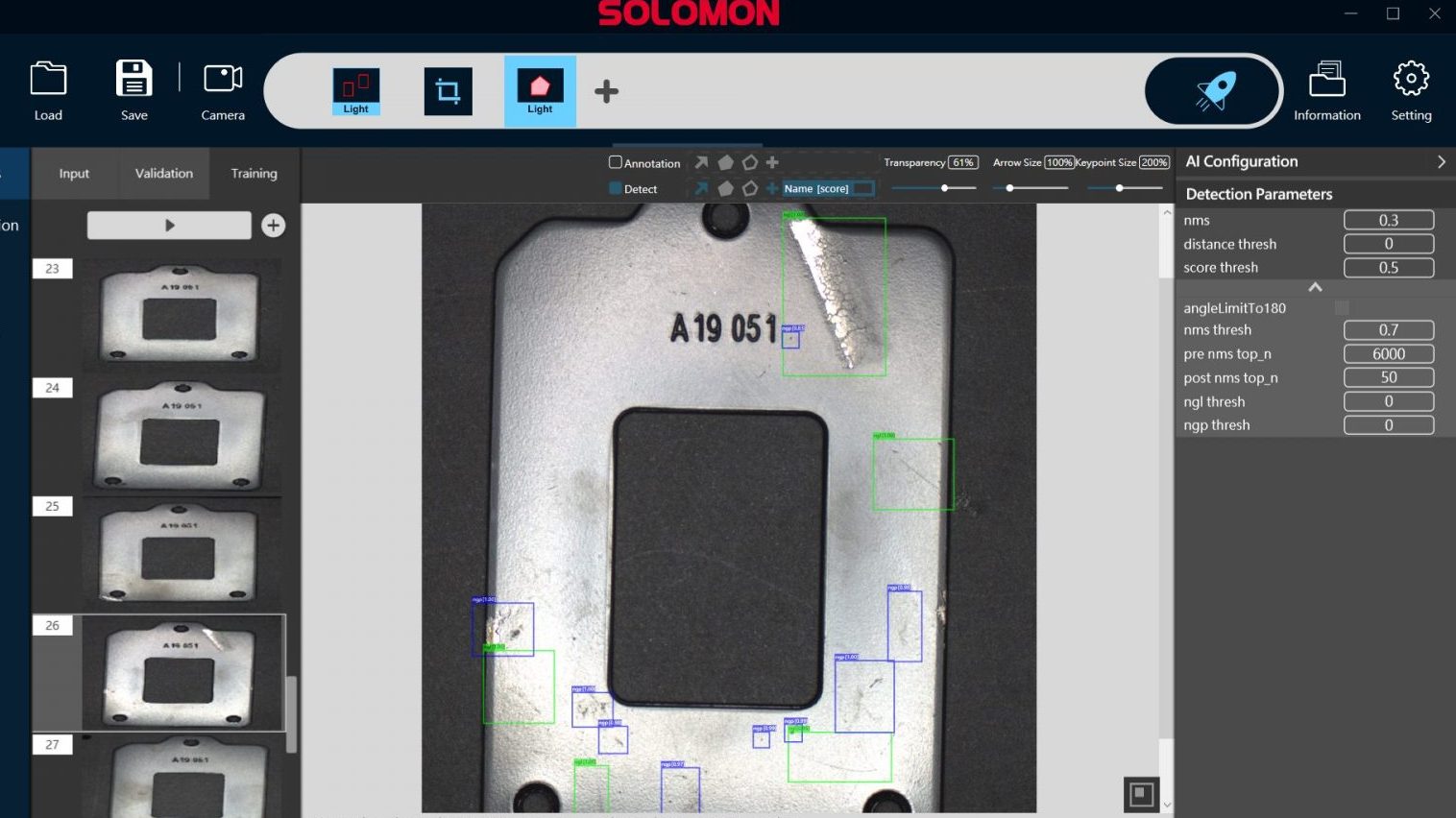 SolVision AI Software for Metal Casing Defect Detection A screenshot of the SolVision AI vision system software interface showing a metallic hardware casing. The system has automatically detected and highlighted subtle defects on the surface during metal casing inspection for quality control.