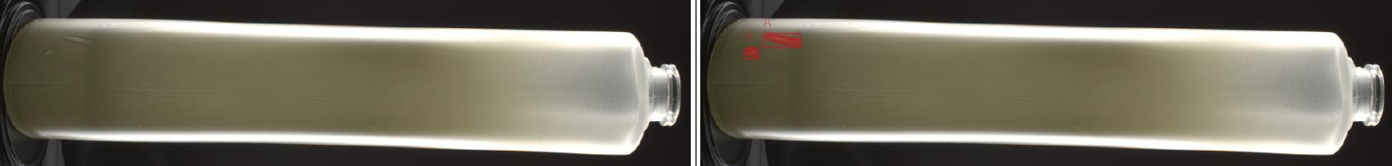 SolVision detects and marks surface imperfections on a gradient glass fragrance bottle during automated quality inspection.