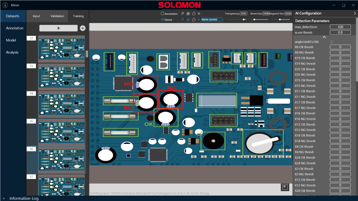 SolVision software analyzes an assembled PCB and marks component locations and detected assembly errors during AI PCB inspection.
