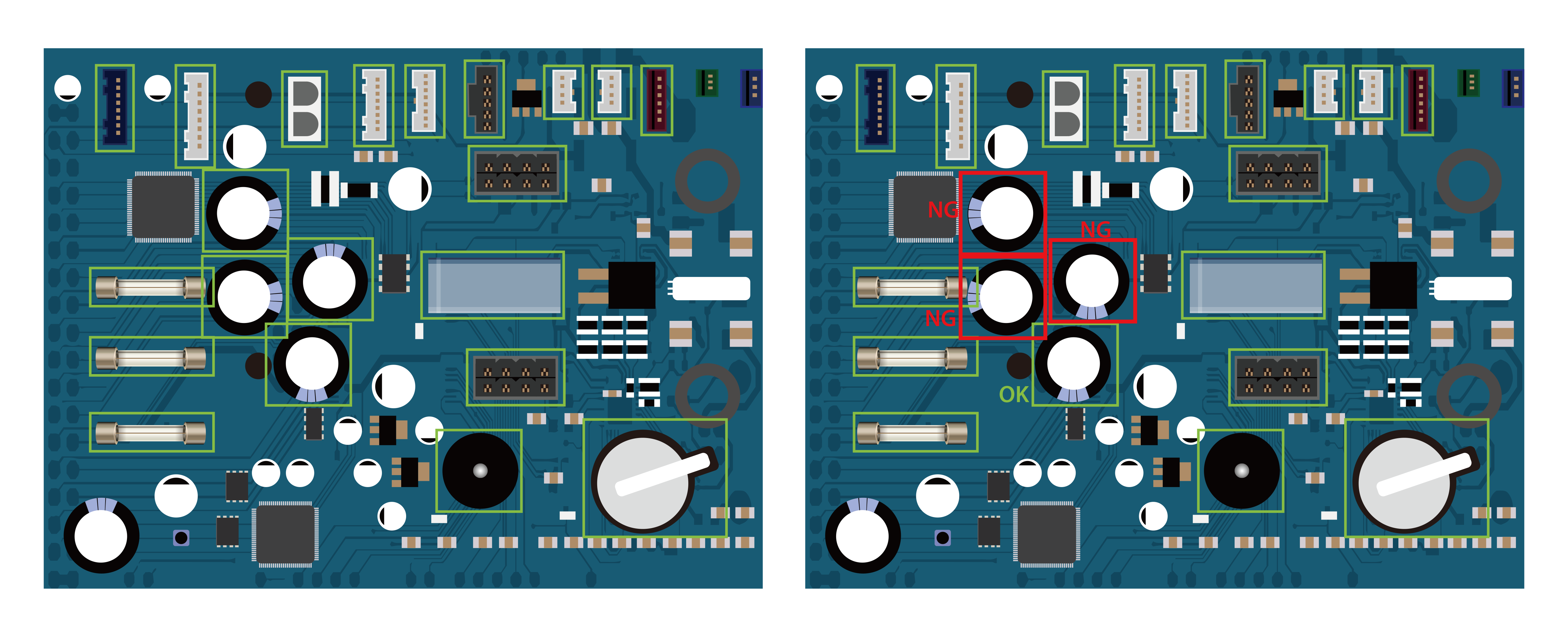 Side-by-side PCB comparison showing the golden sample and SolVision defect detection output with bounding boxes around assembly errors.