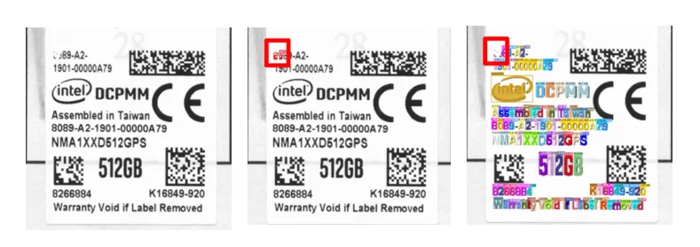 SolVision inspects an electronics product label using AI defect detection and OCR to identify damaged characters and read printed information.