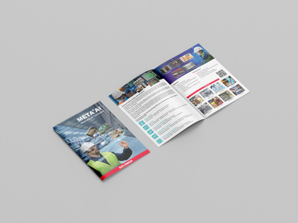 Immagine CGI di una brochure di prodotti Solomon, con la copertina della brochure di prodotti META-aivi e un esempio di layout di pagina.