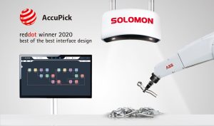 Red Dot winner 2020 logo with AccuPick 3D interface with SolScan industrial camera and ABB robot arm