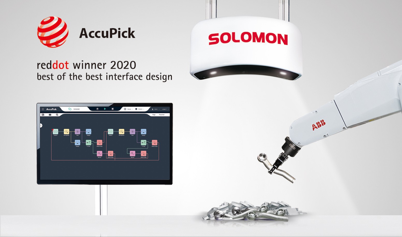 Red Dot design award winner 2020 logo with AccuPick 3D interface with SolScan industrial camera and ABB robot arm